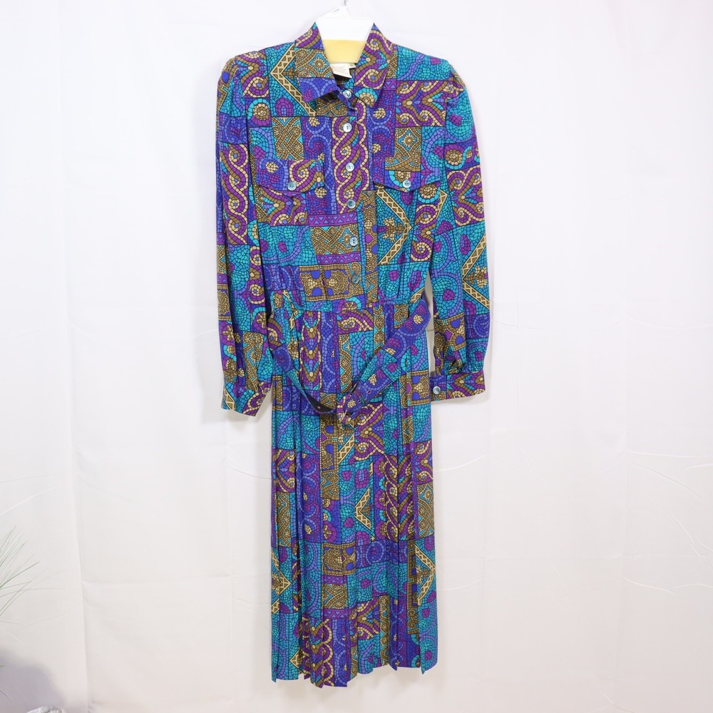 Leslie Fay Shirt Dress 6P Purple Womens Geometric‎ Belted Vintage